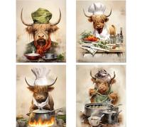 MOCVSWO Funny Cow Canvas Wall Art,Humorous Brown Highland Cows Cooking Enticing Food Kitchen Pictures,Suitable For Kitchens And Bedrooms Animal Art Prints Set Of 4 (8”x10”Inches,Unframed).
