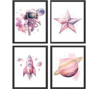 MOCVSWO Watercolor Space Nursery Wall Art Prints, Pink Outer Space Wall Art Poster for Kids Room Decor, Set Of 4 (8X10inch,Unframed)