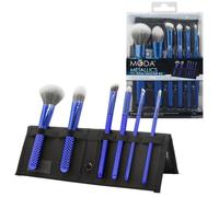 MODA Royal & Langnickel Travel Size Metallics Total Face Makeup Brush Set with Pouch, Includes - Powder, Foundation, Angle Shader, Smoky Eye, Brow Liner and Pointed Lip Brushes, Blue