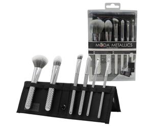 MODA Royal & Langnickel Travel Size Metallics Total Face Makeup Brush Set with Pouch, Includes - Powder, Foundation, Angle Shader, Smoky Eye, Brow Liner and Pointed Lip Brushes, Silver