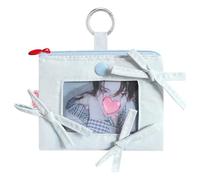 Modacarry Cute Zipper Pouch for Photo Cards, Small Bow Coin Purse ID Case Wallet with Clear Window & O-Ring Clasp, Coquette Style Bag Charm for K-pop Fans (BLUE)