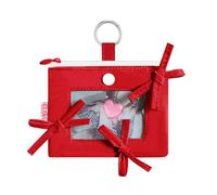 Modacarry Cute Zipper Pouch for Photo Cards, Small Bow Coin Purse ID Case Wallet with Clear Window & O-Ring Clasp, Coquette Style Bag Charm for K-pop Fans (RED)