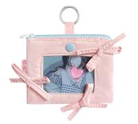 Modacarry Cute Zipper Pouch for Photo Cards, Small Bow Coin Purse ID Case Wallet with Clear Window & O-Ring Clasp, Coquette Style Bag Charm for K-pop Fans (PINK)