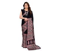 Modal Silk Ajrakh Saree Ikkat Nakshi Bandhej Geometric Print Designer Pallu Attach Blouse Piece, Black_1, 5.5 meters