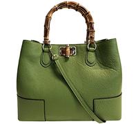 Modarno Genuine Leather Woman Bag with Real Bamboo Handle/Elegant and Minimal/Luxury Bag, Dark Cyprus Green, Large