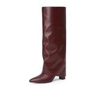 Modatope - Knee High Boots for Women, Foldable Over The Knee High Boots, Chunky High Heels, Pointed Toe Zipper Long Boots, Women's Tall Boots, Burgundy PU, 23.0 cm