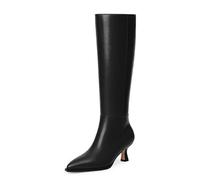Modatope Knee High Boots Kitten Low Heel Faux Leather Pointed Toe Side Zipper Fall Long Tall Boots for Women, Black Pu, 9.5