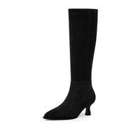 Modatope Knee High Boots Kitten Low Heel Faux Leather Pointed Toe Side Zipper Fall Long Tall Boots for Women, Black Suede, 6 UK