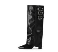 Modatope Knee High Boots Women Fold Over Knee High Boots Chunky High Heels Long Boots Zipper Pointed Toe Dress Tall Boots for Women, Black-buckle, 7.5 UK