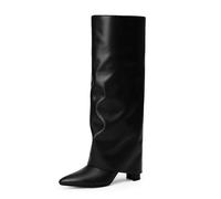 Modatope Knee High Boots Women Fold Over Knee High Boots Chunky High Heels Long Boots Zipper Pointed Toe Dress Tall Boots for Women, Black Pu, 5.5 UK