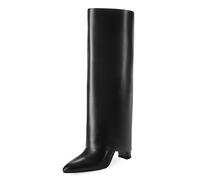 Modatope Knee High Boots Women Fold Over Knee High Boots Chunky High Heels Long Boots Zipper Pointed Toe Dress Tall Boots for Women, Black Pu, 5.5 UK