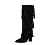 Modatope Knee High Boots Women Fold Over Knee High Boots Chunky High Heels Long Boots Zipper Pointed Toe Dress Tall Boots for Women, Black Fringe, 8 UK