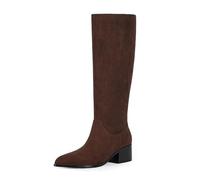 Modatope Knee High Boots Women Low Block Chunky Heel Tall Boots Pointed Toe Fall Long Boots for Women Side Zipper, Suedechocolate, 3 UK