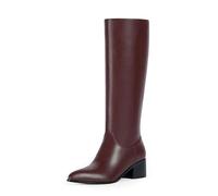 Modatope Knee High Boots Women Low Block Chunky Heel Tall Boots Pointed Toe Fall Long Boots for Women Side Zipper, Burgundy Pu, 5 UK