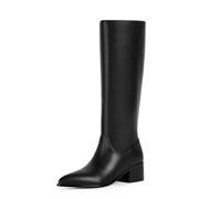 Modatope Knee High Boots Women Low Block Chunky Heel Tall Boots Pointed Toe Fall Long Boots for Women Side Zipper, Black Pu, 6 UK