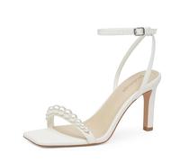 Modatope Womens Heels Square Open Toe Strappy High Heels Ankle Strap Heeled Sandals for Women Party Wedding Daily Wear, White Pearls, 5 UK