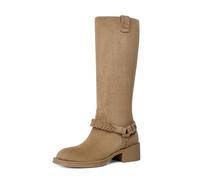 Modatope Women's Knee High Boots Chunky Block Heel Braided Strap | Round Toe Pull On Moto Riding Long Boots Comfortable Low Heel Casual Vintage Retro Metal Buckle Tall Boots