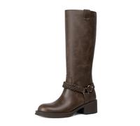 Modatope Women's Knee High Boots Chunky Block Heel Braided Strap | Round Toe Pull On Moto Riding Long Boots Comfortable Low Heel Casual Vintage Retro Metal Buckle Tall Boots