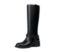 Modatope Women's Knee High Boots Chunky Block Heel Braided Strap | Round Toe Pull On Moto Riding Long Boots Comfortable Low Heel Casual Vintage Retro Metal Buckle Tall Boots
