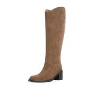 Modatope Women's Knee High Boots Pointed Toe Chunky Block Heel Tall Boots with Side Zipper Long Boot, Suede Camel, 7 UK