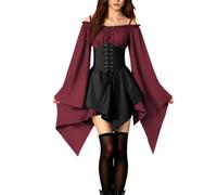 Modaworld Womens Traditional Irish Dress Renaissance Medieval Costume Flare Sleeve Corset Halloween Victorian Short Dress
