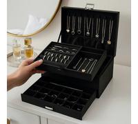 Modcraft 3-Layer Black Jewellery Box with Lock, Drawer Organizer for Rings, Earrings & Necklaces