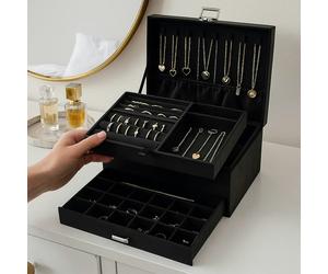 Modcraft 3-Layer Black Jewellery Box with Lock, Drawer Organizer for Rings, Earrings & Necklaces
