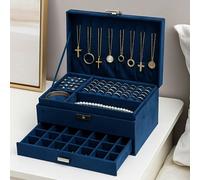 Modcraft 3-Layer Blue Jewellery Box with Lock, Drawer Organizer for Rings, Earrings & Necklaces