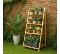 Modcraft 4-Tier Foldable Wooden Plant Stand - Ladder Shelf Display Rack - Natural Colour