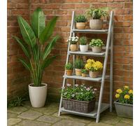 Modcraft 4-Tier Grey Foldable Wooden Plant Stand - Ladder Shelf Display Rack