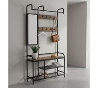 Modcraft Entryway Coat Hanger Stand With Shoe Bench & Mirror Black Rustic Oak Hallway Storage Unit