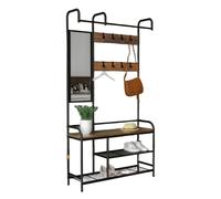 Modcraft Entryway Coat Hanger Stand with Shoe Bench & Mirror Black Rustic Oak Hallway Storage Unit - Black