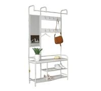 Modcraft Entryway Coat Hanger Stand with Shoe Bench & Mirror Black Rustic Oak Hallway Storage Unit - White