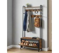 Modcraft Hall Tree with Bench, Shoe Storage, 9 Hooks, Top Shelf, Industrial Coat Rack for Hallway, Rustic Brown