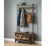 Modcraft Hall Tree With Bench, Shoe Storage, 9 Hooks, Top Shelf, Industrial Coat Rack For Hallway, Rustic Brown