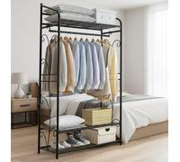 Modcraft Heavy Duty Garment Clothes Rail Rack with Shelves Metal Coat Stand Hanging Pole Black