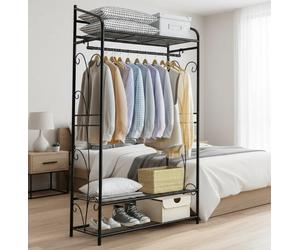 Modcraft Heavy Duty Garment Clothes Rail Rack with Shelves Metal Coat Stand Hanging Pole Black
