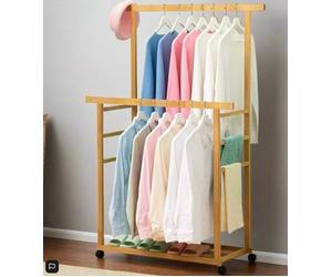 Modcraft Large Bamboo Clothes Rail with Wheels, Wooden Garment Rack with Shelves for Bedroom