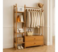 Modcraft Large Heavy Duty Bamboo Clothes Rail Rack with Drawers & Hooks - Open Corner Garment Stand Wardrobe