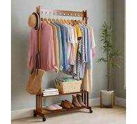 Modcraft Rustic Bamboo Clothes Rail Rack with Rolling Wheels, Two-Tier Shoe Shelves, Adjustable Top Shelf