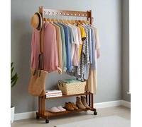 Modcraft Rustic Bamboo Clothes Rail Rack With Rolling Wheels, Two-Tier Shoe Shelves, Adjustable Top Shelf