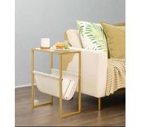 Modcraft Slim Gold Side Table - Narrow Glass Sofa End Table with Fabric Magazine Holder