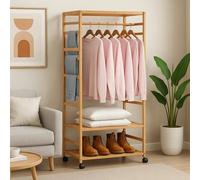 Modcraft Wooden Clothes Rail Garment Rack with Storage Shelves & Pulley Wheels - Natural Wood Coat & Clothes Hanger Stand