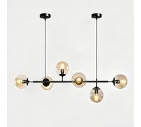 Moddeny 6-Light Modern Glass Pendant Lights, E27 Linear Chandelier with Amber Glass Globes, Adjustable Hanging Cables and E27 Base, Black Ceiling Light for Dining Room Kitchen Island and Living Room
