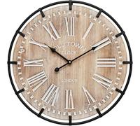MODE HOME Large Farmhouse Wall Clock, Vintage Rustic 24 Inch Big Wooden Wall Clock Decorative with Metal Circle and Engraved Numerals, Silent Battery Operated for Office Kitchen Bedroom Living Room