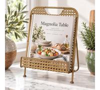 MODE HOME Metal Cookbook Stand, Foldable Faux Bamboo Recipe Book Holder | Cook Book Holder for Kitchen Counters in Gold Finish, Recipe Book Stand for Cookbooks, Tablets, Magazines, 10"W x 13.5"H
