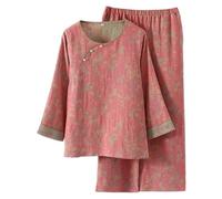 Modeewel Japanese Pyjamas For Women Chinese Pyjamas Two Piece Trouser Suit Loungewear Sweatshirt Suit Hanfu Kimono Japanese Sleepwear, pink, L