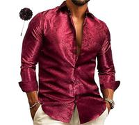 Modeewel Men's Paisley Shirt Comfortable Cut for Large and Large Jacquard Luxurious Elegant Business Shirt Wedding Casual Shirt for Men Silk Paisley Shirt Button Down Soft Shirt Hawaiian Shirt, red