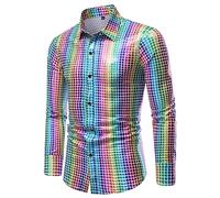 Modeewel Metallic Shirt Men's Fancy Dress Costumes for Club Hip Hop 70s 80s Disco Party Cosplay Carnival Halloween Costume Shiny Rainbow Shirt Button Down Shiny Polo Shirts, sky blue, M