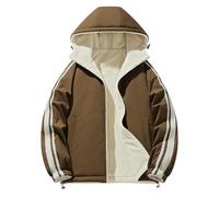 Modeewel Warm Jacket Men's Reversible Fleece Jackets Hooded Jackets Thick Down Jacket Colour Blocking Outdoor Jacket with Hood Thick Plush Cuddly Jacket with Inner Fleece Loose, coffee, L